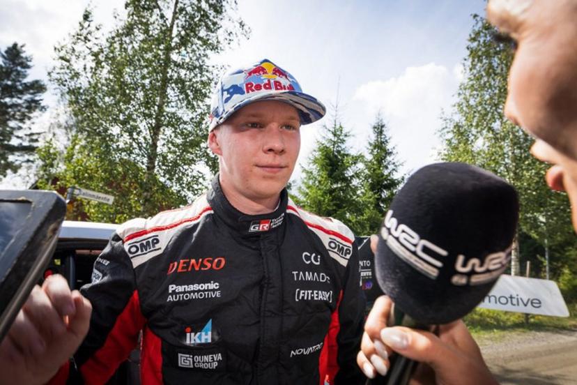 Finnish driver Kalle Rovanpera gives an interview after he and his co-driver won the WRC Rally Finland in Jyvaskyla, Finland on August 3, 2025.  Valtteri Vainio / Lehtikuva / AFP