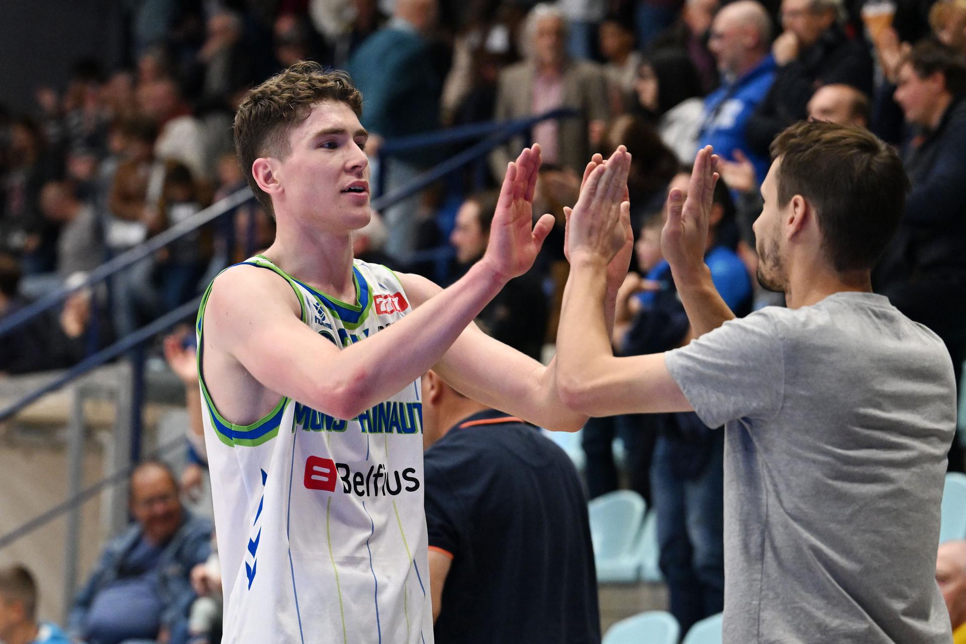 Mons' Styrmir Thrastarson celebrates after a basketball match between Mons-Hainaut and Okapi Aalstar, Saturday 28 September 2024 in Mons, on day three of the 'BNXT League' first division basket championships. BELGA PHOTO MAARTEN STRAETEMANS