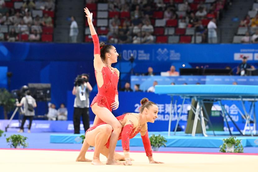 ATTENTION EDITORS - HANDOUT PICTURE - EDITORIAL USE ONLY - MANDATORY CREDIT BOIC - COIB   -  Belgian Maysae Bouhouch and Silke Macharis pictured in action during the Women pair Acrobatic Gymnastics at the World Games 2025, in Chenghdu, China, on Friday 8 August 2025. This year, the World Games take place from 07 to 17 augustus. PHOTO HANDOUT BOIC-COIB - ANGIE BLAND