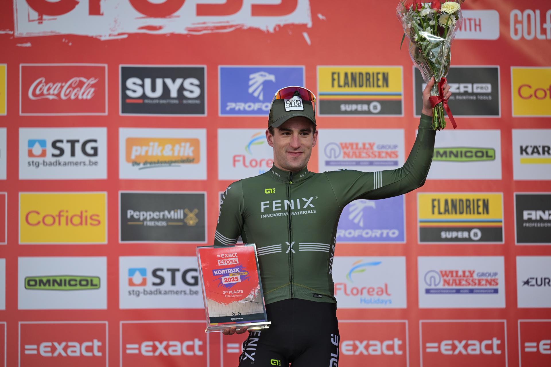 Dutch Ryan Kamp pictured on the podium after the men elite race at the 'Leiecross' cyclocross cycling event on Saturday 13 December 2025 in Kortrijk, the fourth stage (out of 7) in the Exact Cross competition. BELGA PHOTO DAVID PINTENS