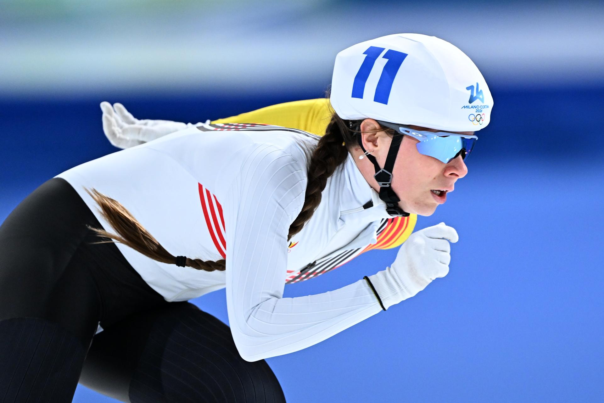 Belgian Sandrine Tas pictured in action during the semifinals of the mass start women Speed Skating at the Milano Cortina 2026 Olympic Winter Games, on Saturday 21 February 2026 in Milan, Italy. The XXV Winter Olympics take place from 6 to 22 February 2026 in Italy. BELGA PHOTO JASPER JACOBS