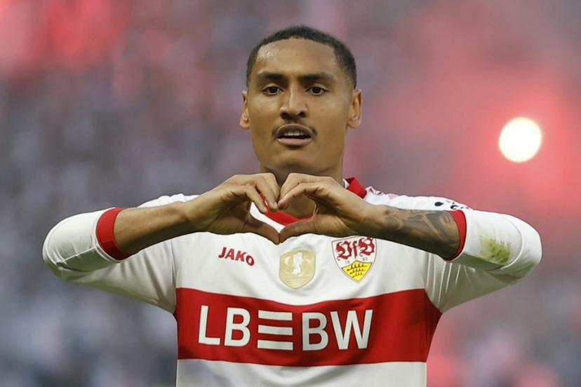 Stuttgart's French midfielder #08 Enzo Millot celebrates scoring his team's second goal during the German Cup (DFB Pokal) final football match between Arminia Bielefeld and VfB Stuttgart at the Olympic Stadium in Berlin on May 24, 2025. Stuttgart won the final 4-2. Odd ANDERSEN / AFP