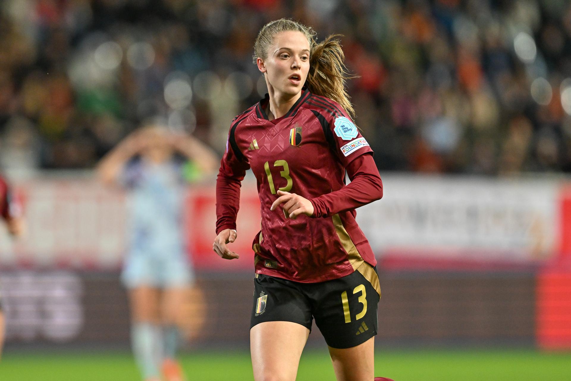 Belgium's Valesca Ampoorter pictured in action during a soccer game between Belgium's national women's team the Red Flames and Spain, on Friday 05 April 2024 in Heverlee, Leuven, match 1/6 of the qualifications of the 2025 European Championships. BELGA PHOTO DAVID CATRY