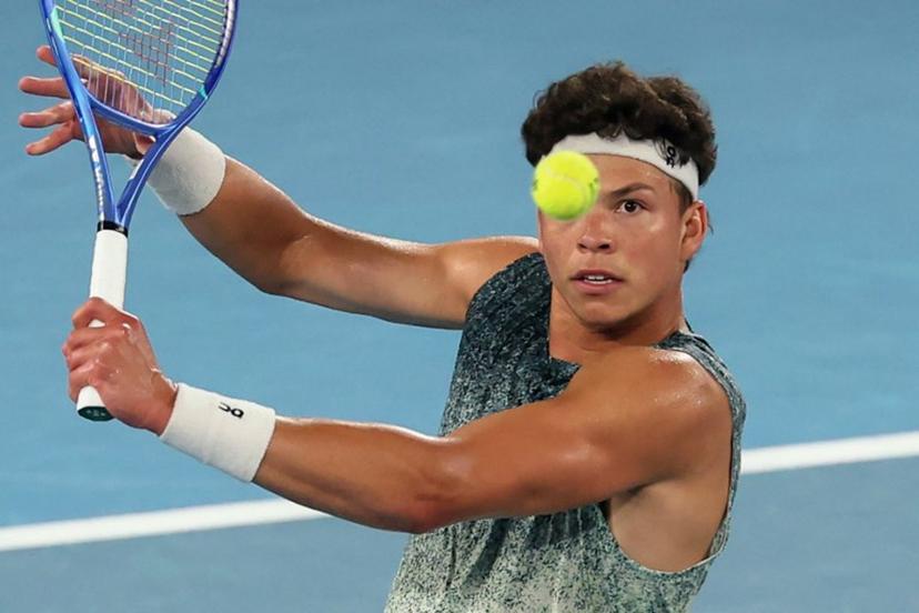 USA's Ben Shelton hits a shot against Norway's Casper Ruud during their men's singles match on day nine of the Australian Open tennis tournament in Melbourne on January 26, 2026.  Martin KEEP / AFP