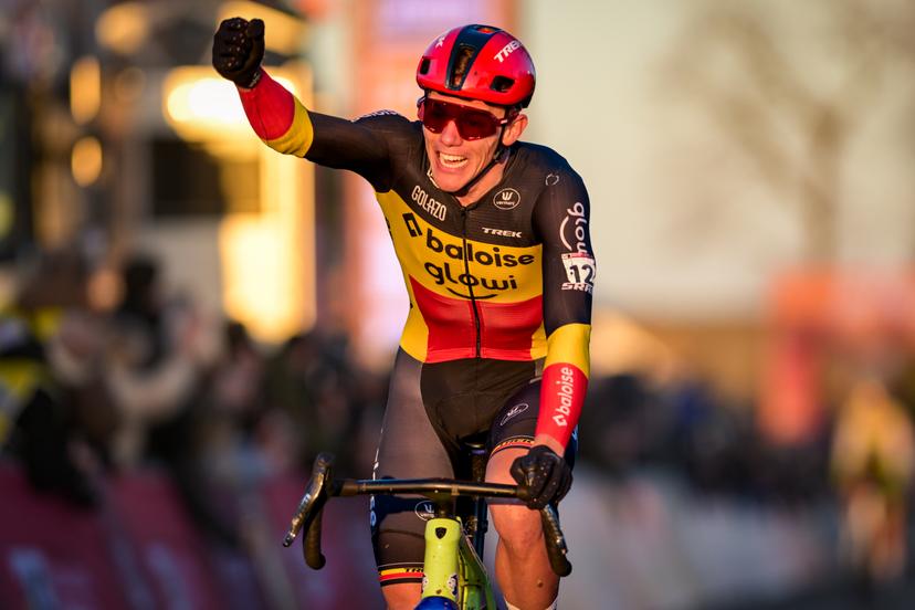 Belgian Thibau Nys celebrates as he crosses the finish line to win the men's elite race at the World Cup cyclocross cycling event in Dendermonde, Belgium, stage 8 (out of 12) of the UCI World Cup cyclocross competition, Sunday 28 December 2025. BELGA PHOTO DAVID PINTENS