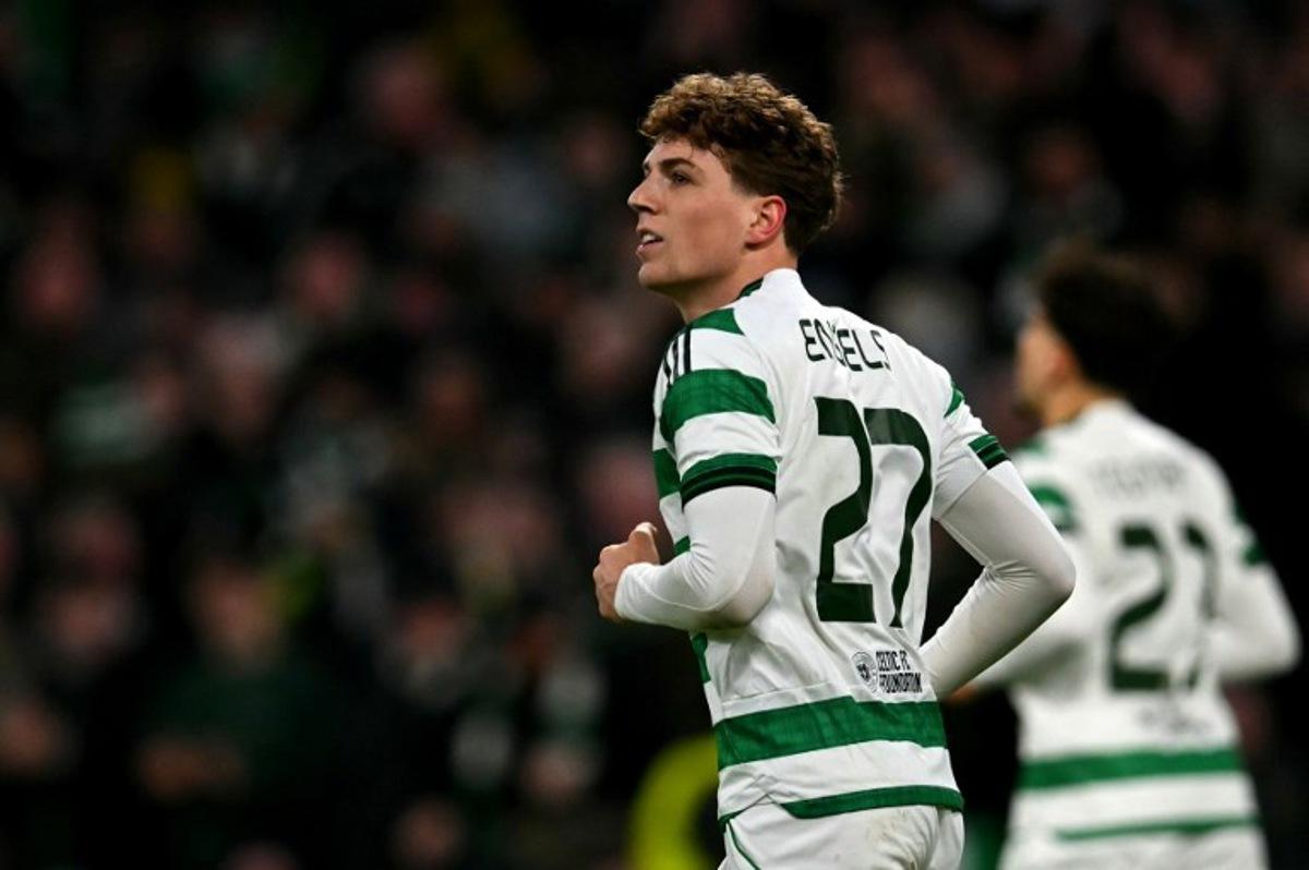 Celtic's Belgian midfielder #27 Arne Engels celebrates scoring the team's third goal during the UEFA Europa League league-stage football match between Celtic and FC Utrecht at Celtic Park in Glasgow on January 29, 2026.  ANDY BUCHANAN / AFP