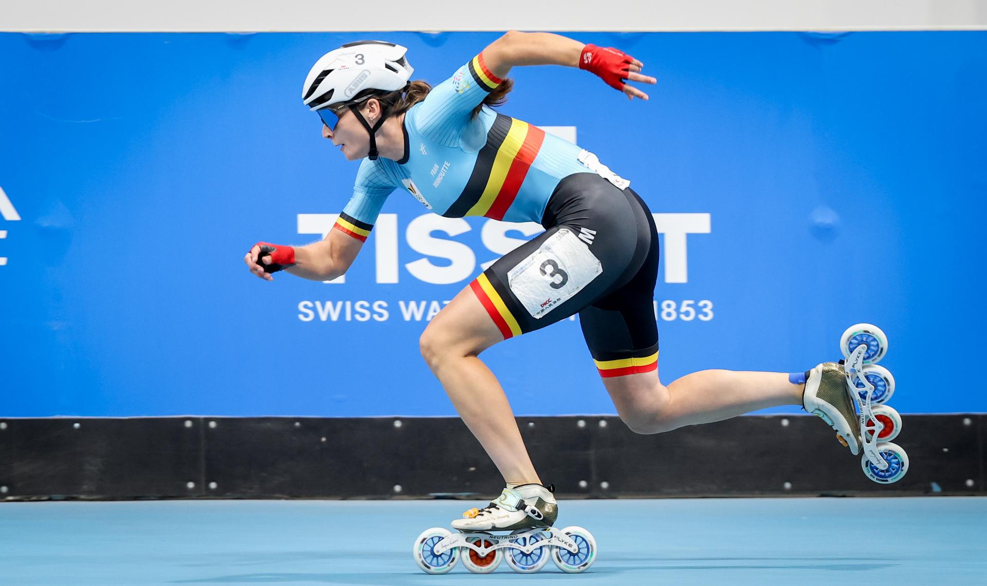 Belgian Fran Vanhoutte pictured in action during the Women's 200m qualifications of speed skating competition during the World Games 2025, in Chenghdu, China, on Thursday 14 August 2025. This year, the World Games take place from 07 to 17 augustus. BELGA PHOTO VIRGINIE LEFOUR