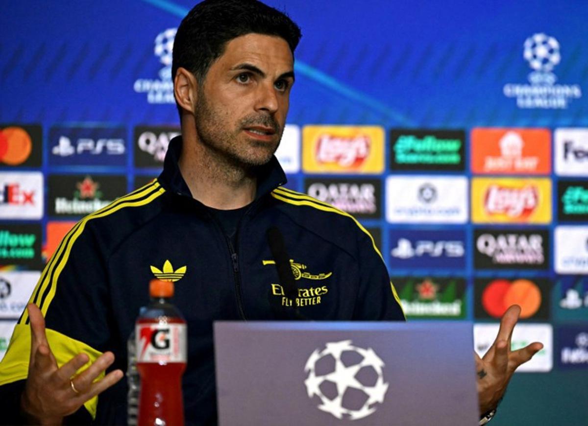 Arsenal's Spanish coach Mikel Arteta gestures as he speaks during a press conference on the eve of the UEFA Champions League semi final first leg football match against Club Atletico de Madrid at the Metropolitano stadium in Madrid on April 28, 2026.  Javier SORIANO / AFP