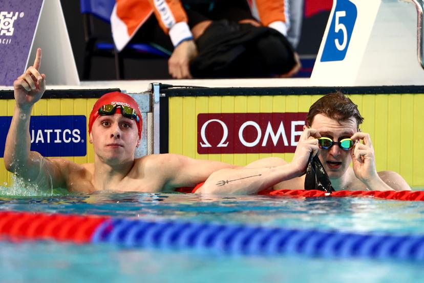 Filip Nowacki and Belgian Noah De Schryver pictured in action during the men's 200m breaststroke at the European Aquatics Short Course Swimming Championships in Lublin, Poland, on Thursday 04 December 2025. BELGA PHOTO NIKOLA KRSTIC