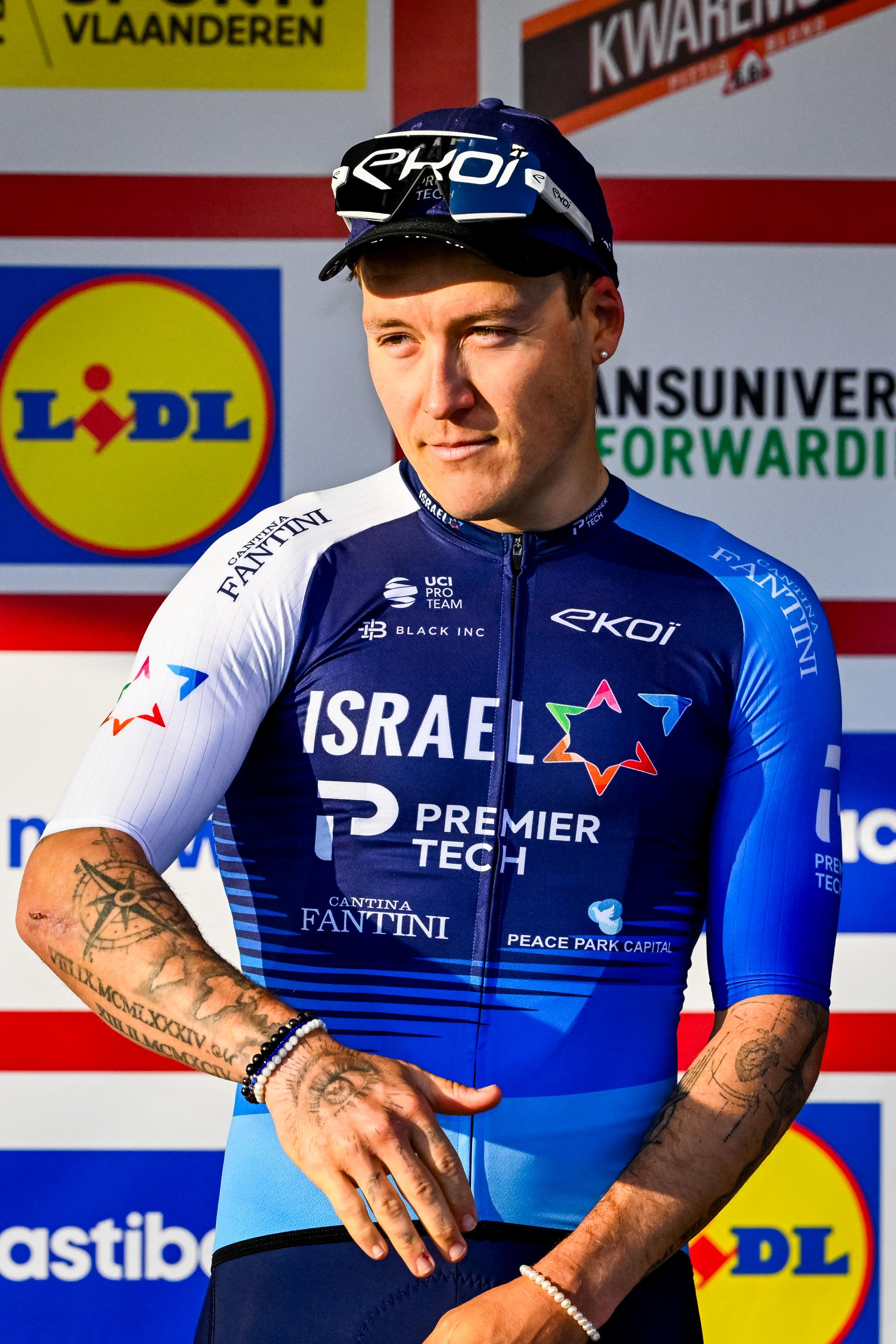 French Hugo Hofstetter of Israel-Premier Tech pictured on the podium after the Kuurne-Brussels-Kuurne one day cycling race, 196,9 km from Kuurne to Kuurne via Brussels, Sunday 02 March 2025. BELGA PHOTO ERIC LALMAND