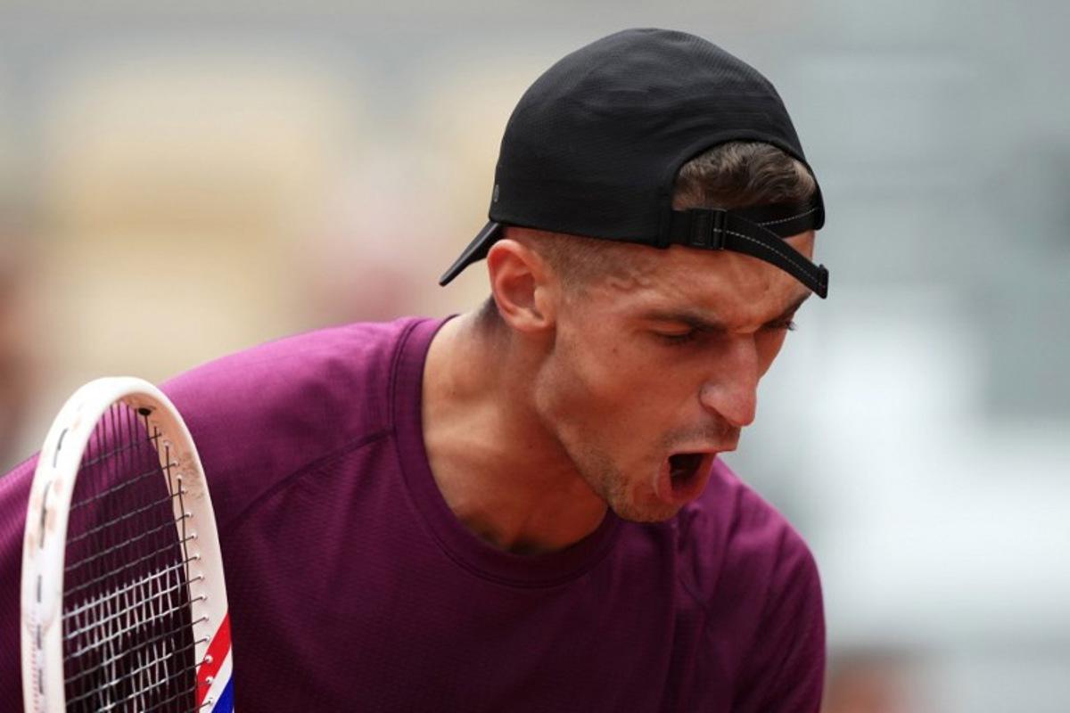 France's Terence Atmane reacts during his men's singles match against France's Richard Gasquet on day 2 of the French Open tennis tournament on Court Philippe-Chatrier at the Roland-Garros Complex in Paris on May 26, 2025.  Dimitar DILKOFF / AFP