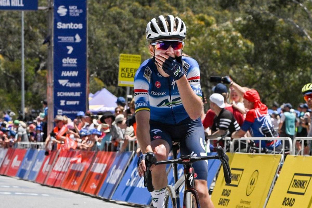 AG Insurance - Soudal rider Sarah Gigante from Australia reacts as she wins the third stage of the Tour Down Under cycling race in Adelaide on January 14, 2024.  Brenton EDWARDS / AFP