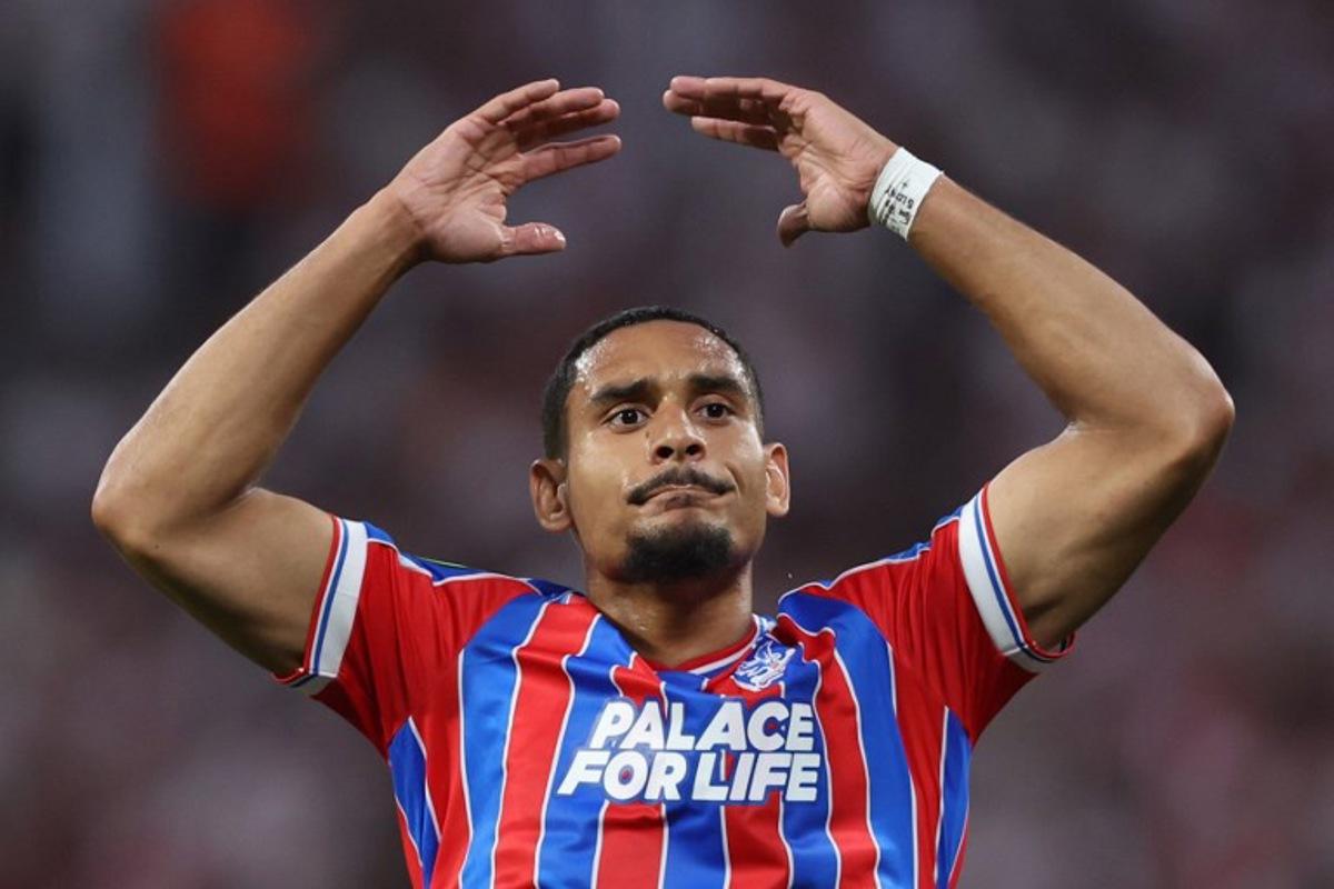 Crystal Palace's French defender #05 Maxence Lacroix gestures during the UEFA Conference League final football match between Crystal Palace FC and Rayo Vallecano de Madrid in Leipzig, eastern Germany, on May 27, 2026.    Ronny HARTMANN / AFP