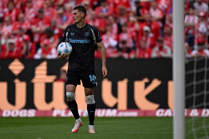 Bayer Leverkusen's Czech forward #14 Patrik Schick prepares to shoot from the penalty spot during the German first division Bundesliga football match between Mainz 05 and Bayer Leverkusen in Mainz, western Germany, on May 17, 2025.  Kirill KUDRYAVTSEV / AFP