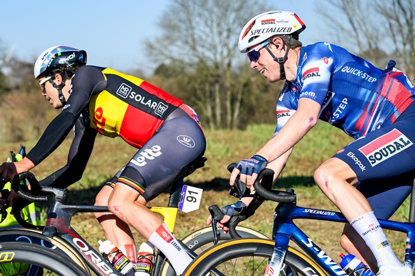 Belgian Arnaud De Lie of Lotto Cycling Team and Belgian Jordi Warlop of Soudal Quick-Step pictured in action during the 'Ename Samyn Classic' one day cycling race, 199,1km from Quaregnon to Dour on Tuesday 04 March 2025. BELGA PHOTO TOM GOYVAERTS