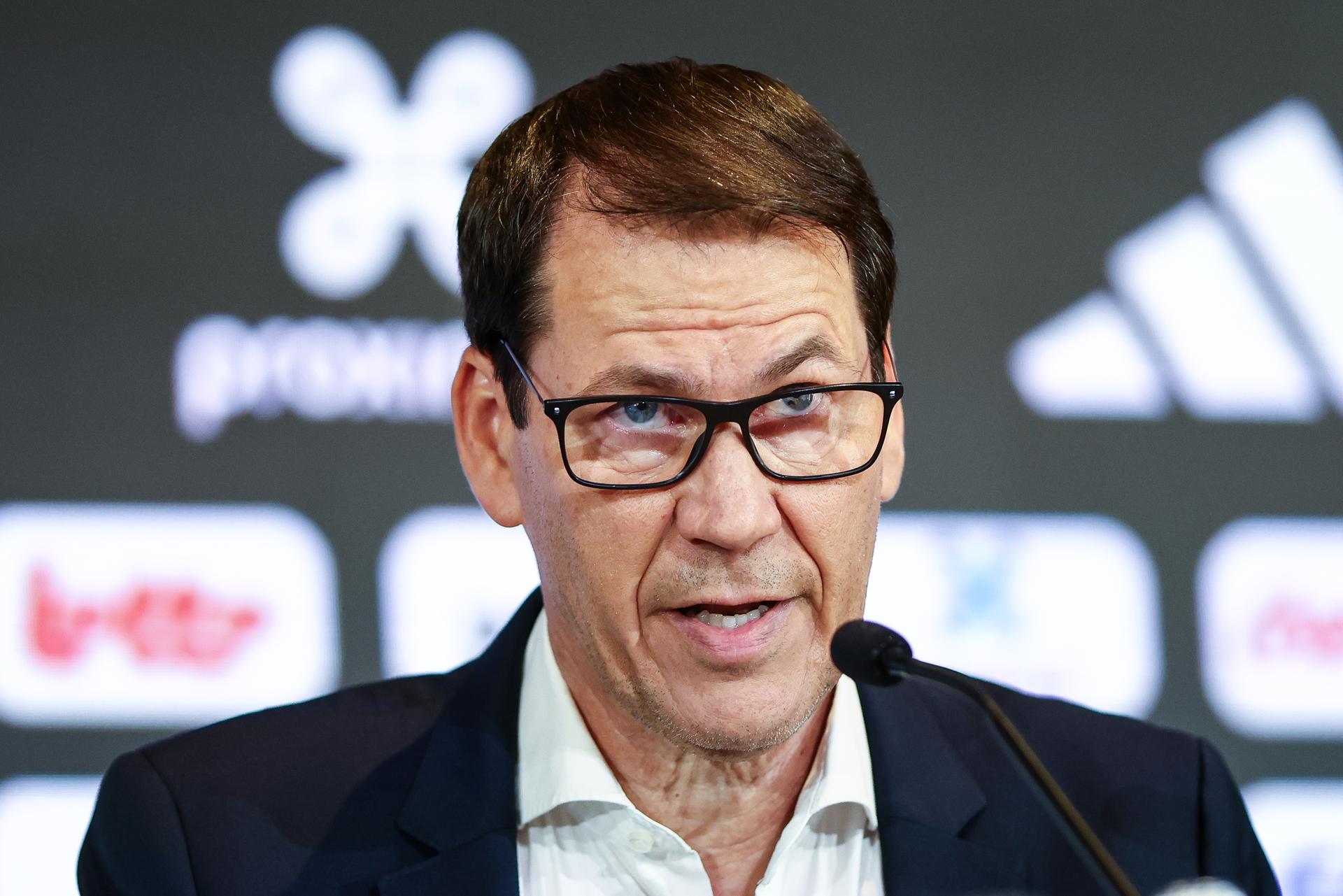 Belgium's head coach Rudi Garcia pictured during a press conference to announce the selection of the Red Devils, the Belgian national soccer team, at the Proximus Basecamp in Tubize, Sunday 18 May 2025. The team is preparing for the matches against Northern Macedonia (06/06) and Wales (09/06). BELGA PHOTO BRUNO FAHY