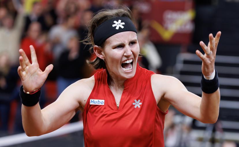 Belgian Greet Minnen celebrates winning her match the fourth game between Belgian Minnen and US' Jovic on the second day of the qualifiers of the Billie Jean King Cup tennis between Belgium and the USA, in Oostende, Belgium, on Saturday 11 April 2026. The meeting takes place on 10 and 11th April. PHOTO BENOIT DOPPAGNE
