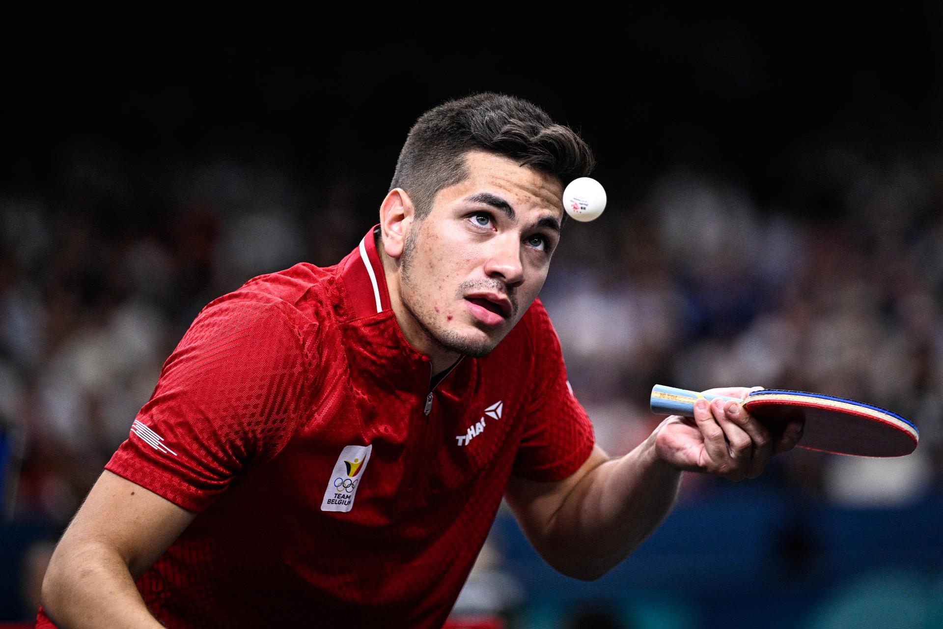 Belgian Martin Allegro pictured in action during a table tennis match against Japanese Harimoto, in the round of 64 of the men's singles tournament at the Paris 2024 Olympic Games, on Monday 29 July 2024 in Paris, France. The Games of the XXXIII Olympiad are taking place in Paris from 26 July to 11 August. The Belgian delegation counts 165 athletes competing in 21 sports. BELGA PHOTO JASPER JACOBS