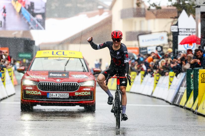 Australian Michael Storer of Tudor Pro Cycling Team celebrates as he crosses the finish line to win stage seven of the 83th edition of the Paris-Nice cycling race, 147,8 km from Nice to Auron, France, Saturday 15 March 2025. BELGA PHOTO DAVID PINTENS