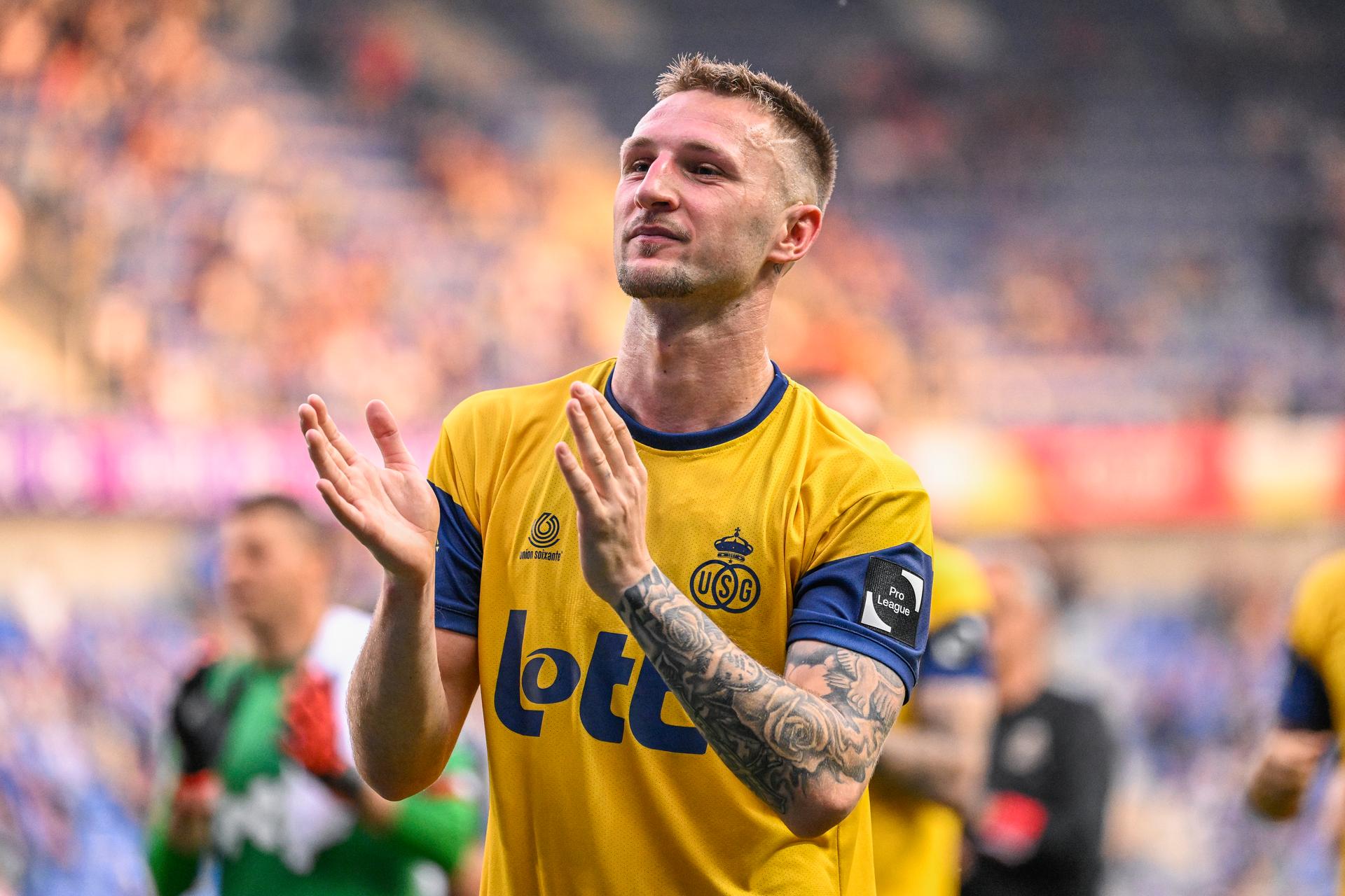 Union's Siebe Van Der Heyden reacts with the supporters after a soccer match between KRC Genk and Royale Union Saint-Gilloise, Sunday 21 May 2023 in Genk, on day 4 of the Champions' play-offs of the 2022-2023 'Jupiler Pro League' first division of the Belgian championship. BELGA PHOTO LAURIE DIEFFEMBACQ
