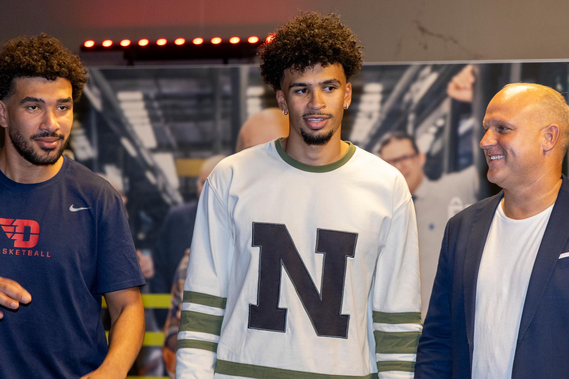 Tidiane Camara, Belgian NBA-player Toumani Camara and David Putterie pictured during a press vision and avant-premiere of the documentary 'The Belgian Dream', at Kinepolis cinema complex in Brussels, Monday 29 July 2024. BELGA PHOTO NICOLAS MAETERLINCK