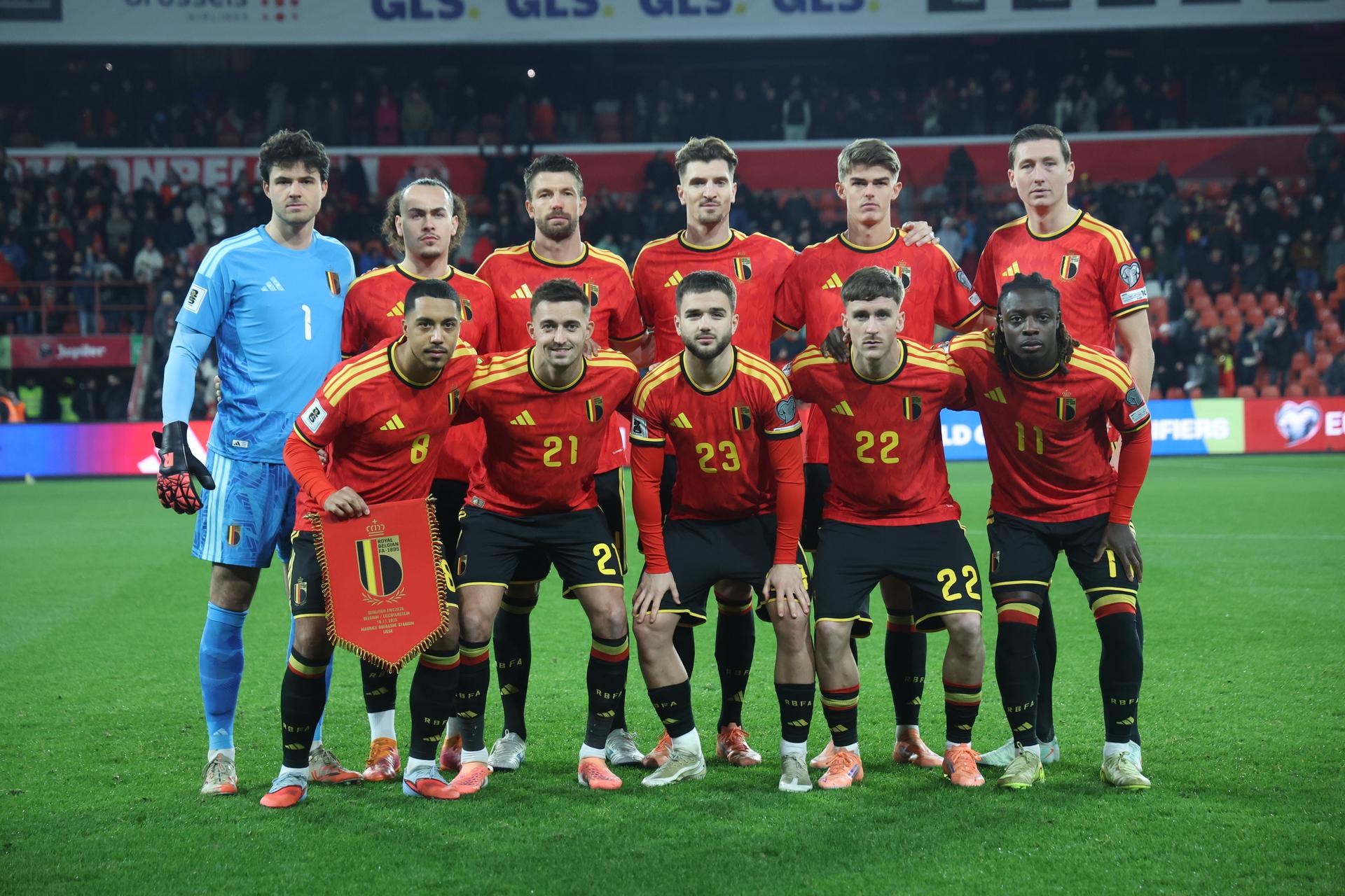 Belgium's players pose for a team picture before the start of a soccer game between Belgium's Red Devils and Liechtenstein, the last FIFA World Cup 2026 qualification match, in Liege on Tuesday 18 November 2025. BELGA PHOTO VIRGINIE LEFOUR