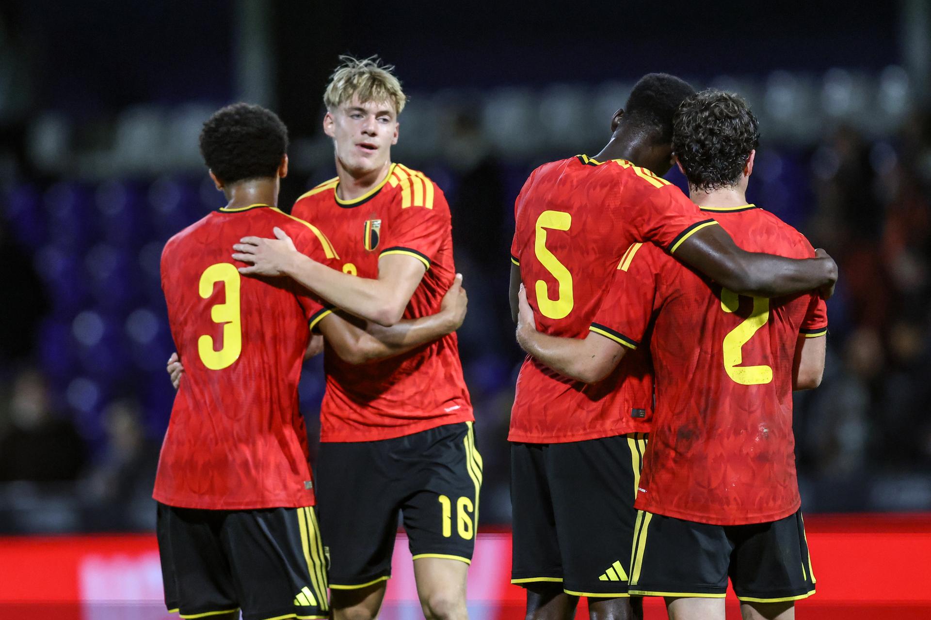 Belgium's players celebrate after winning a soccer game between Belgium U21 and Belarus U21, Thursday 24 September 2026 in Westerlo, qualifier 6/8 for the 2027 European Championships. BELGA PHOTO BRUNO FAHY