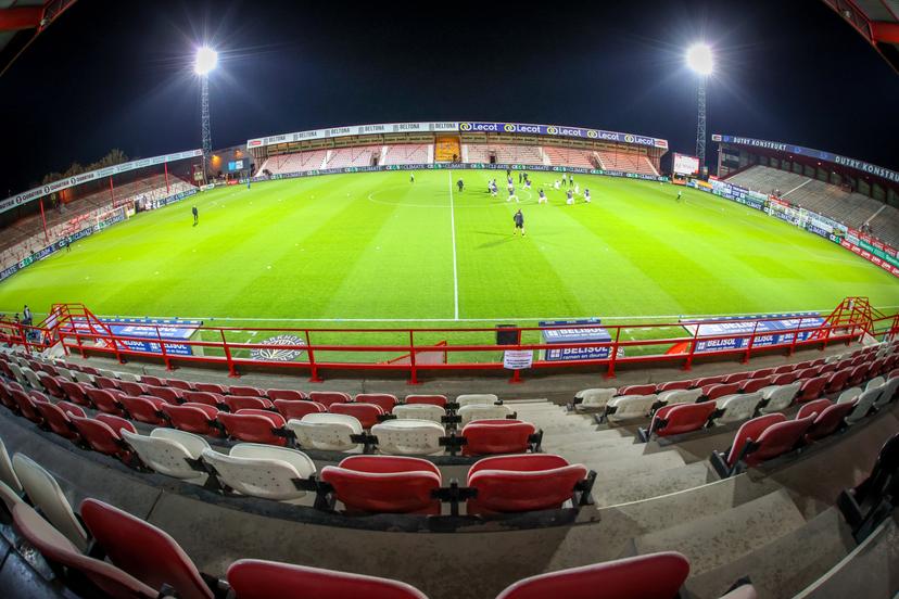 View on the empty tribune of Guldensporenstadion due to corona measures, before a soccer match between KV Kortrijk and RSCA Anderlecht, Friday 23 October 2020 in Kortrijk, on day 10 of the 'Jupiler Pro League' first division of the Belgian championship. BELGA PHOTO VIRGINIE LEFOUR