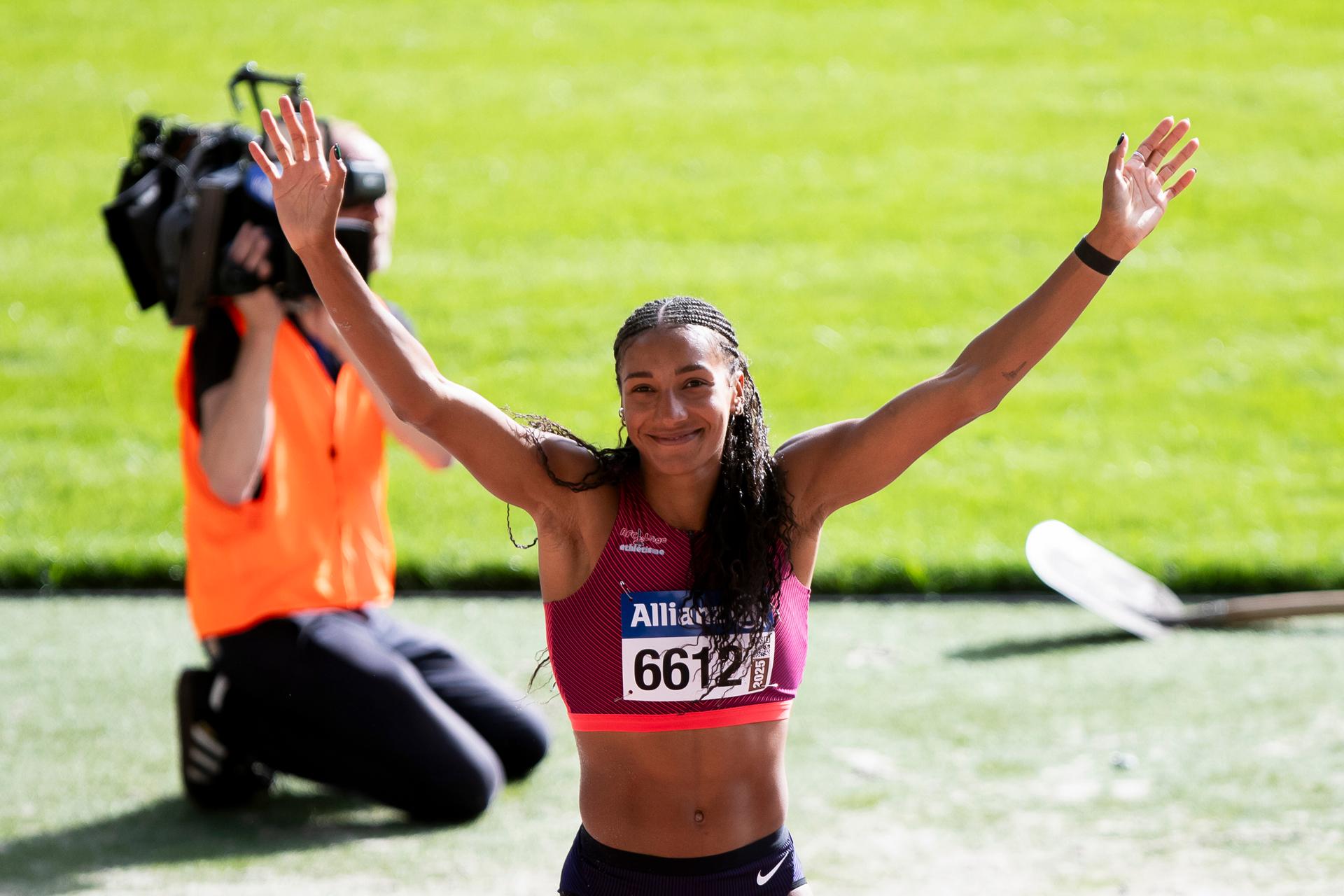 Belgian Nafissatou Nafi Thiam pictured after the long jump event, at the Belgian athletics championships, Saturday 02 August 2025 in Brussels. The Belgian championships take place from 2-3 August, 2025. BELGA PHOTO KRISTOF VAN ACCOM