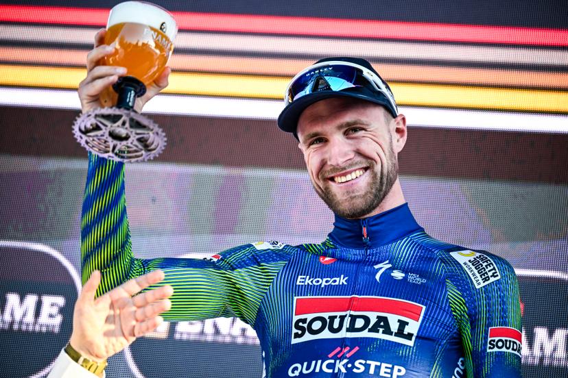 Belgian Laurenz Rex of Soudal Quick-Step pictured on the podium after the 'Ename Samyn Classic' one day cycling race, 203,8km from Quaregnon to Dour on Tuesday 03 March 2026. BELGA PHOTO JASPER JACOBS