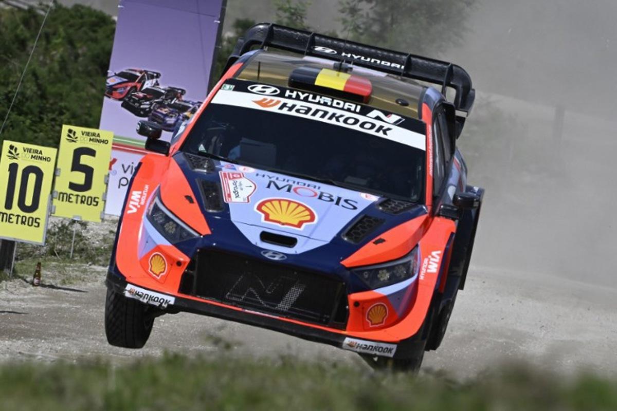 Belgian driver Thierry Neuville and co-driver Martijn Wydaeghe steer their Hyundai i20 during the SS15 stage of the World Rally Championship (WRC) Rally of Portugal in Vieira do Minho, on May 17, 2025.  MIGUEL RIOPA / AFP