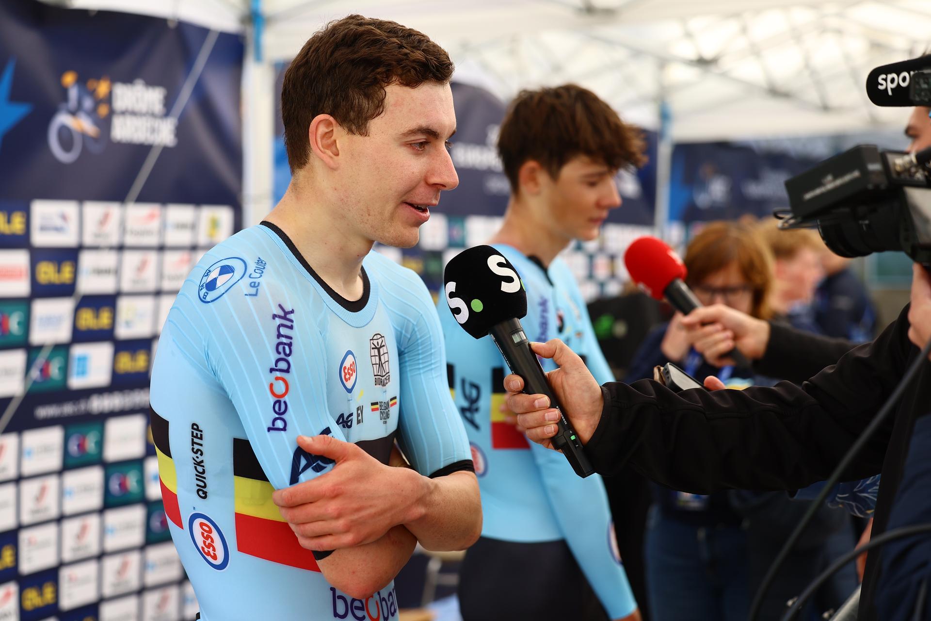 Belgian gold medallist Jonathan Vervenne and Belgian silver medallist Matisse Van Kerckhove talk to the press after the 24 km time trial of the men U23 category at the UEC road European cycling championships, Wednesday 01 October 2025, in Loriol-sur-Drome, France. The European cycling championships Drome-Ardeche takes place from 1 to 5 October, France. BELGA PHOTO DAVID PINTENS