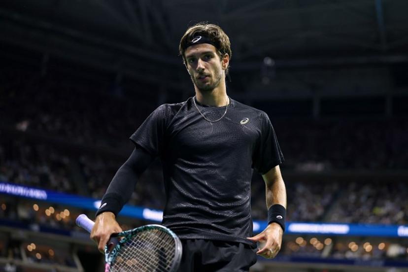 Italy's Lorenzo Musetti looks on during his men's singles quarterfinal tennis match against Italy's Jannik Sinner on day eleven of the US Open tennis tournament at the USTA Billie Jean King National Tennis Center in New York City, on September 3, 2025.  CHARLY TRIBALLEAU / AFP
