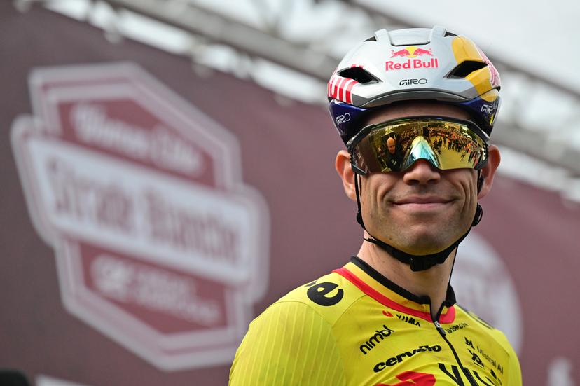 Belgian Wout Van Aert of Team Visma-Lease a Bike pictured at the presentation ahead of the start of the men elite 'Strade Bianche' one day cycling race, 203km from and to Siena, Italy on Saturday 07 March 2026. BELGA PHOTO DIRK WAEM