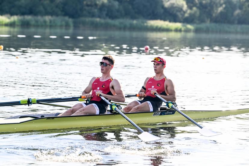 U23 Belgian Shark rower Aaron Andries and U23 Belgian Shark rower Tristan Vandenbussche pictured in action during a training session ahead of a press conference organized by the Vlaamse Roeiliga and Peddelsport Vlaanderen, ahead of the Olympic Games in Parijs 2024, Friday 11 August 2023 in Willebroek. During this press conference, the selection criteria and the athletes towards the Paris Olympics will be presented. BELGA PHOTO TOM GOYVAERTS