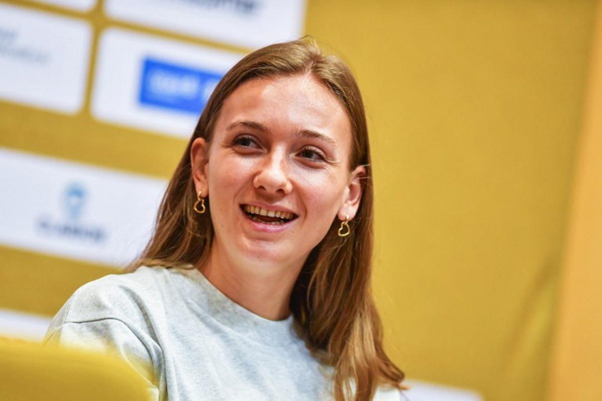 Netherland's Femke Bol addresses a press conference in Ostrava, Czech Republic on June 23, 2025, on the eve of the 64th IAAF 2025 Golden Spike Athletics Meeting.   Michal Cizek / AFP