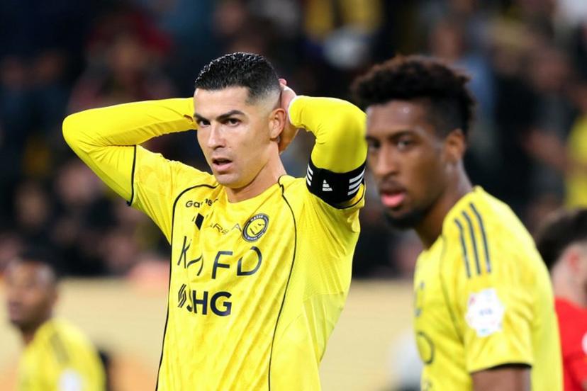 Nassr's Portuguese forward #07 Cristiano Ronaldo reacts during the Saudi Pro League football match between Al-Nassr FC and Al-Qadsiah at al-Awwal Park stadium in Riyadh on January 8, 2026.   Fayez NURELDINE / AFP