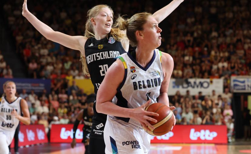Belgium's Emma Meesseman fights for the ball during a friendly basket game between Belgium's national team Belgian Cats and Germany, in Oostende, on Saturday 14 June 2025. BELGA PHOTO VIRGINIE LEFOUR