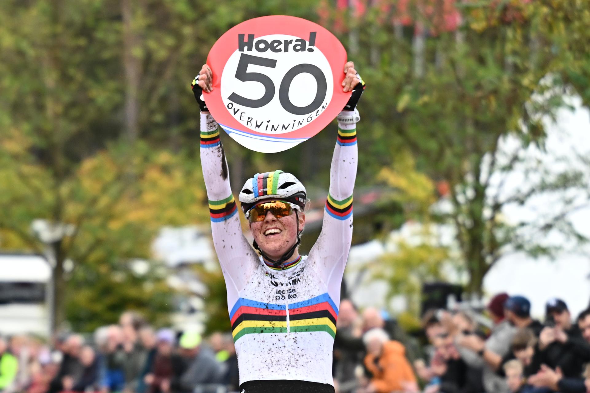 Dutch Fem Van Empel celebrates as she crosses the finish line to win the elite women's race of the Exact Cross, stage 3 (out of 7) in the Exact Cross cyclocross competition, in Heerde, on Saturday 25 October 2025. BELGA PHOTO DAVID PINTENS