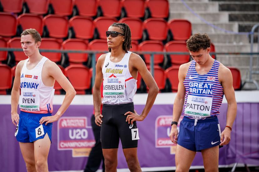 Belgian Elliot Vermeulen pictured at the start of the 1500m race, at the European Athletics U20 Championships, in Tampere, Finland, Friday 08 August 2025. The European U20 championships take place from 07 to 10 August.  BELGA PHOTO COEN SCHILDERMAN