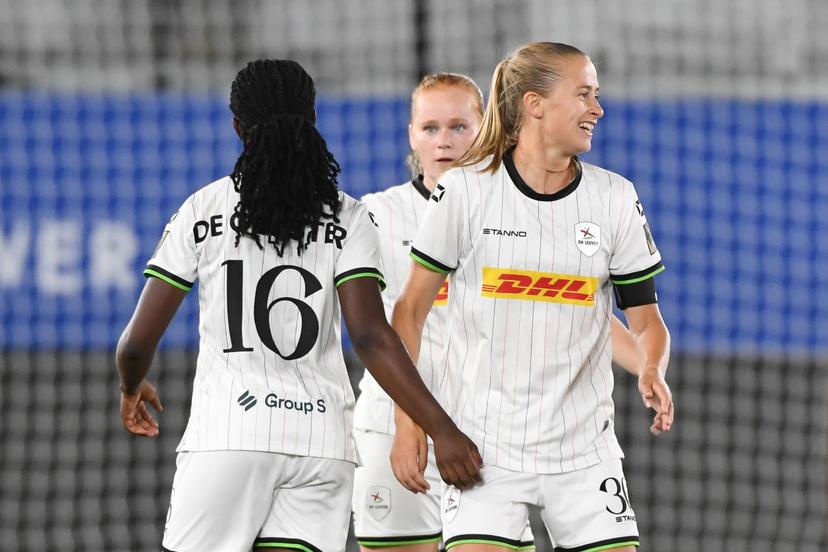 OHL Women's Kadhiya De Ceuster and OHL Women's Julie Biesmans celebrate after winning a soccer match between Oud-Heverlee Leuven Women and Bosnian-Herzegovinian SFK 2000 Sarajevo, Wednesday 27 August 2025 in Leuven, the first game in the qualification tournament for the UEFA Champions League competition. BELGA PHOTO JILL DELSAUX