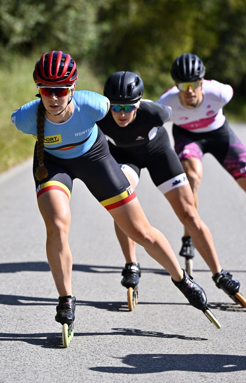 Athlete Sandrine Tas, Athlete Isabelle van Elst and Athlete Indra Medard pictured in action during the annual stage of Team Belgium (19-25/05), in Rio Maior, Portugal, Tuesday 20 May 2025, BELGA PHOTO ERIC LALMAND