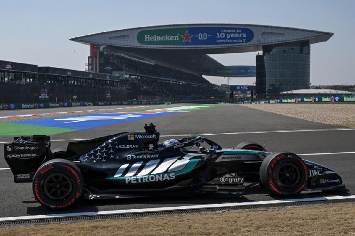 Mercedes' British driver George Russell drives during a practice session ahead of the Formula One Chinese Grand Prix at the Shanghai International Circuit in Shanghai on March 13, 2026.  GREG BAKER / AFP
