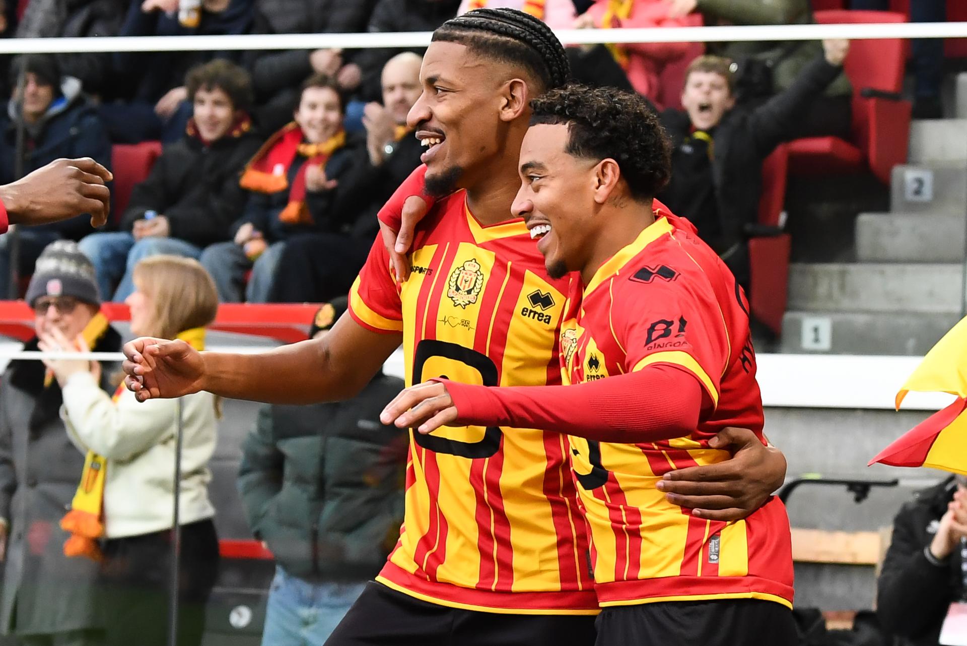 Mechelen's Redouane Halhal celebrates after scoring during a soccer match between KV Mechelen and SV Zulte Waregem, Saturday 28 February 2026 in Mechelen, on day 27 of the 2025-2026 'Jupiler Pro League' first division of the Belgian championship. BELGA PHOTO JILL DELSAUX