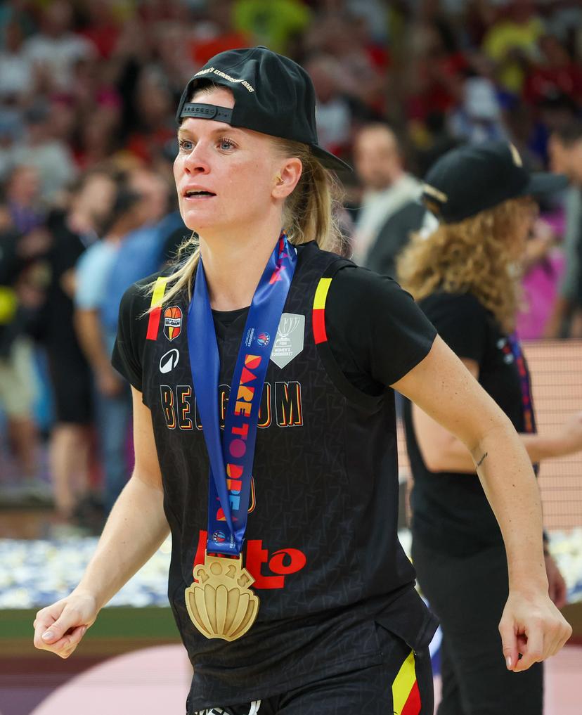 Belgium's Julie Vanloo celebrates after winning a basketball match between Spain and Belgian national team 'the Belgian Cats' on Sunday 29 June 2025 in Piraeus, Greece, the final of the FIBA Women's EuroBasket 2025. BELGA PHOTO VIRGINIE LEFOUR