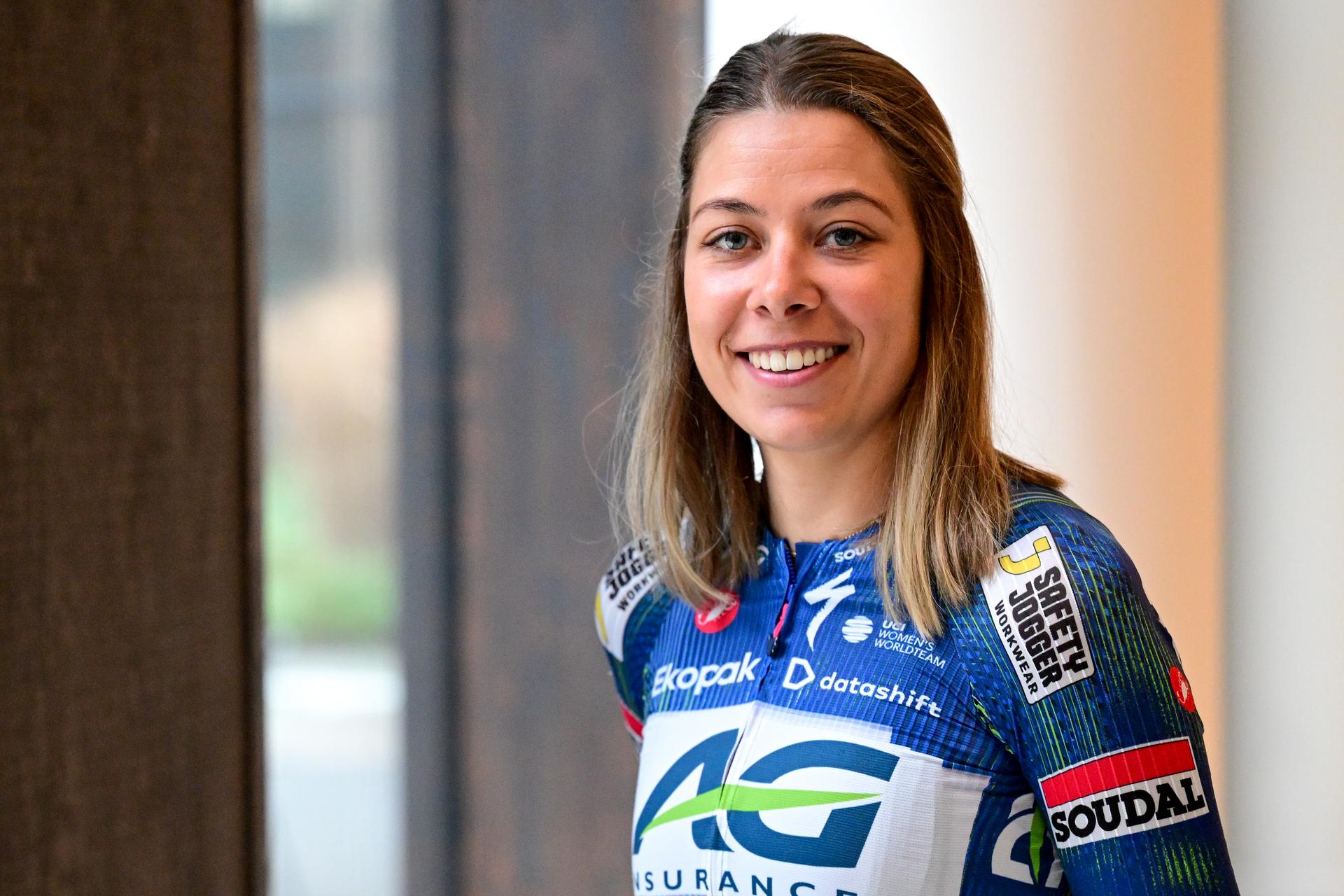 Belgian Shari Bossuyt poses for the photographer at the presentation of the AG Insurance-Soudal women's team, on Tuesday 24 February 2026, in Brussels. BELGA PHOTO DIRK WAEM