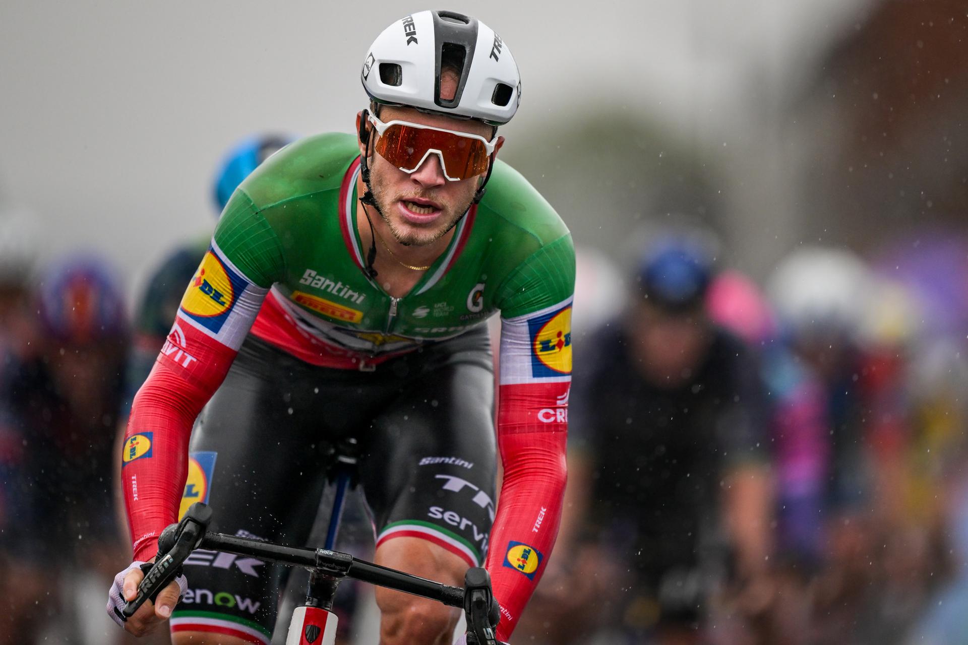 Italian Jonathan Milan of Lidl-Trek crosses the finish line at the first stage of the 'Renewi Tour' multi-stage cycling race, from Diest and back (191,3 km) on Wednesday 19 August 2026. The five-day race takes place from 19 to 23/08. BELGA PHOTO DAVID PINTENS