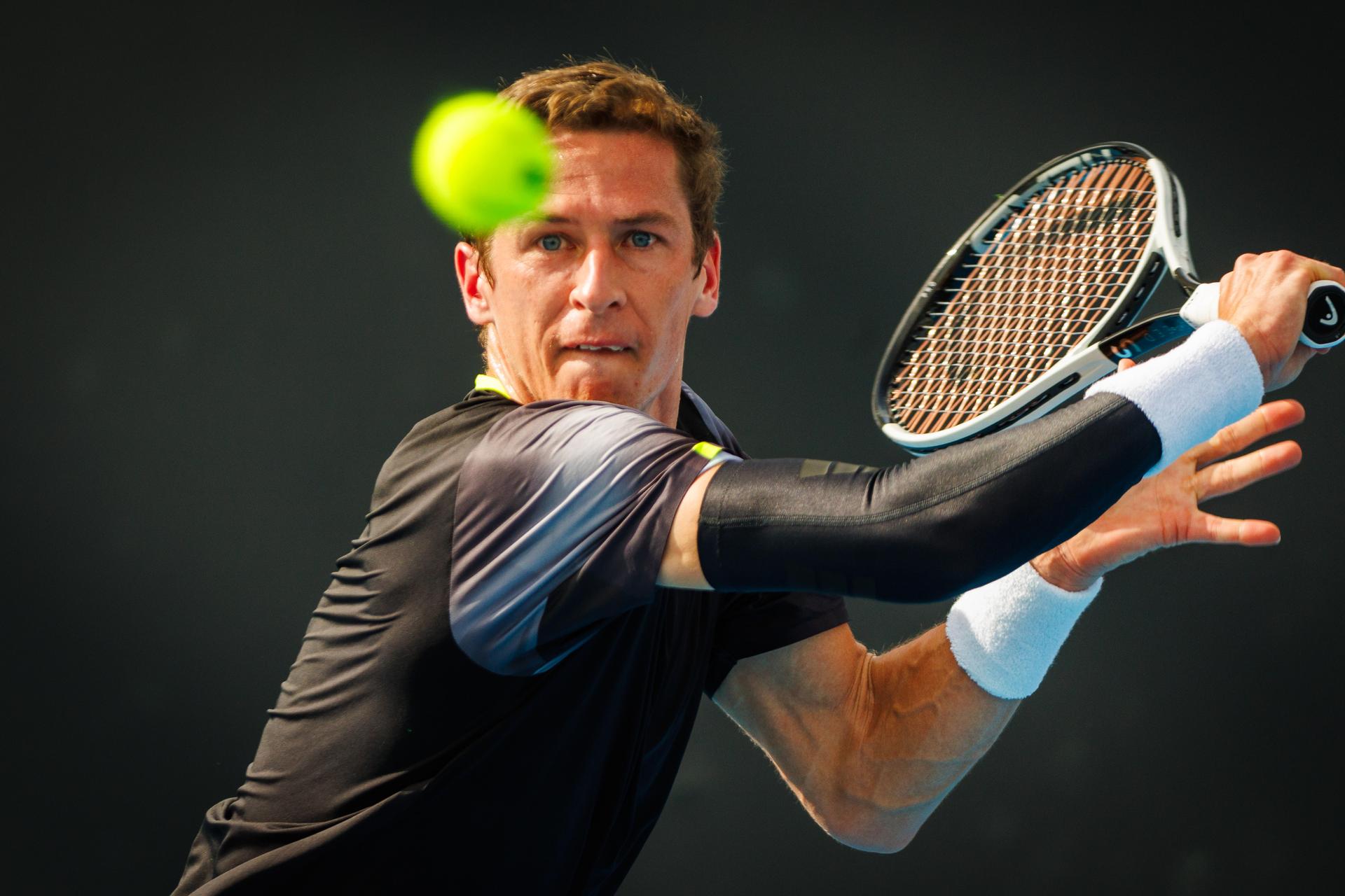 Belgian Kimmer Coppejans pictured in action during a tennis match against Monegasque Vacherot, in the third round of the qualifiers for the men's singles tournament, at the 'Australian Open' Grand Slam tennis tournament, Thursday 09 January 2025 in Melbourne Park, Melbourne, Australia. The 2024 edition of the Australian Grand Slam takes place from January 14th to January 28th. BELGA PHOTO PATRICK HAMILTON