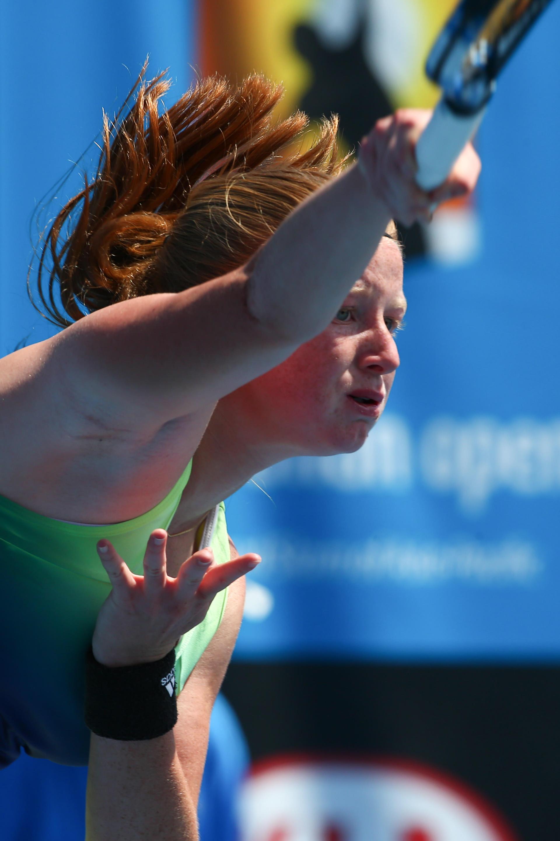 20160123 - MELBOURNE, AUSTRALIA: Belgian Lara Salden plays her first round game of Junior Girls Singles against Japanse  Mai Hontama at the 'Australian Open' tennis Grand Slam, Saturday 23 January 2016 in Melbourne Park, Melbourne, Australia. The first grand slam of the season takes place from 18 to 31 January. BELGA PHOTO PATRICK HAMILTON