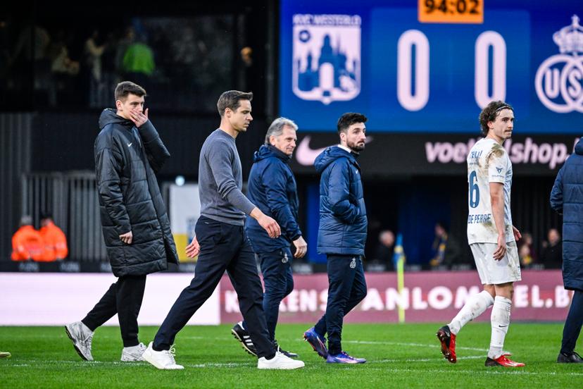 Union's head coach David Hubert looks dejected after a soccer match between KVC Westerlo and Royale Union Saint-Gilloise, Sunday 01 March 2026 in Westerlo, on day 27 of the 2025-2026 'Jupiler Pro League' first division of the Belgian championship. BELGA PHOTO TOM GOYVAERTS